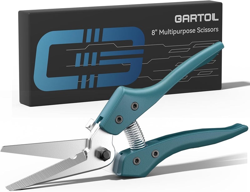 GARTOL 8" Scissors All Purpose Heavy Duty, Ultra sharp Tin Snips with Cable Notch, Finely Serrated Angled-Blades - Industrial Scissors for Carpet, Cardboard, Sheet Metal, Leather, Insulation, Wires - Image 1